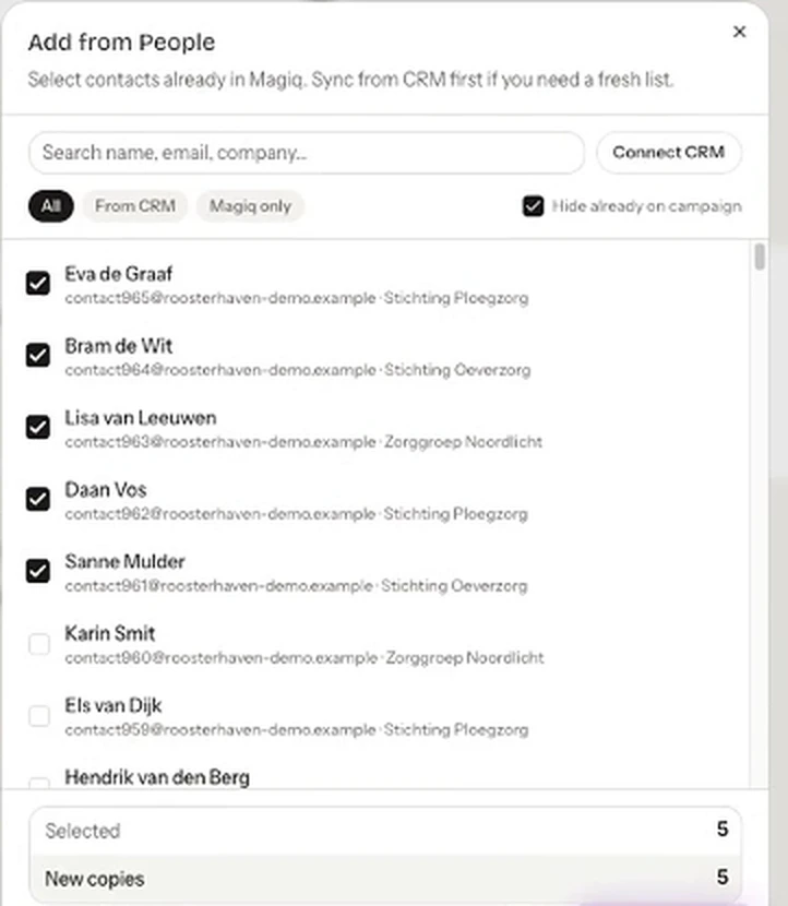 Magiq Moments: ontvangers kiezen voor een campagne, met een knop Connect CRM